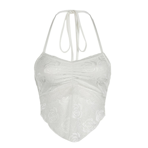 French Sexy Halter Lace up Rose Lace Pleated Suspender Sexy Backless V Shaped Hem Vest-White-Fancey Boutique