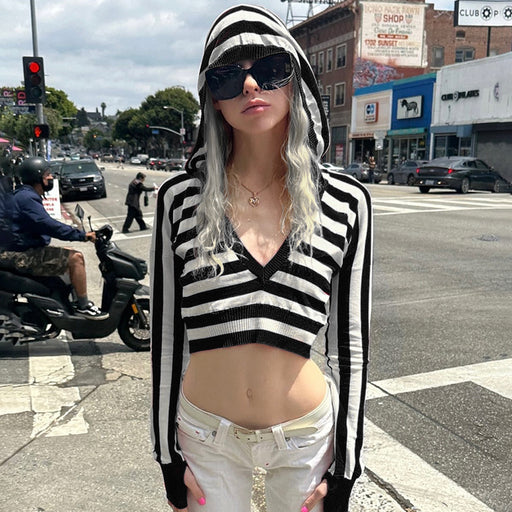 Street Hooded V Collar Contrast Color Striped Shorts Sweater Sexy Sexy Cropped Slimming Long Sleeves-Fancey Boutique