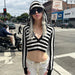 Street Hooded V Collar Contrast Color Striped Shorts Sweater Sexy Sexy Cropped Slimming Long Sleeves-Fancey Boutique