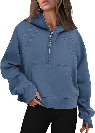 Color-Sea Blue-Women Clothing Half Zipper Hooded Sweatshirt Loose Short Velvet Sweater-Fancey Boutique