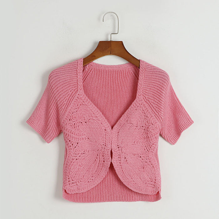 Square Collar Short Sleeve Knitwear Women Collection Vintage Crocheted Hidden Hook Slim Slimming Slim Two Piece Top-Pink-Fancey Boutique