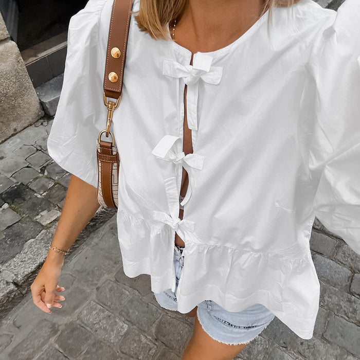 French Pure White Lace up Crew Neck Puff Sleeve Casual Women Shirt Summer Cardigan Women