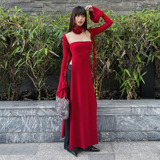 Color-Red-Elegant Boat Neck Flared Long Sleeve Waistcoat High Slit Sheath Dress Casual Suit Women-Fancey Boutique