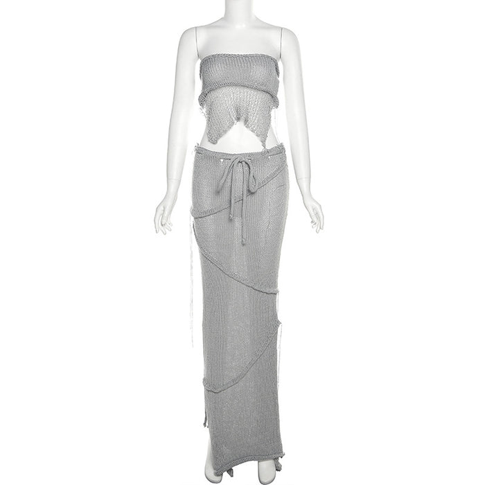 Summer Women Clothing Sexy Bandeau Backless Lace up Backless Top Tassel Temperamental Skirt Set-Gray Set-Fancey Boutique