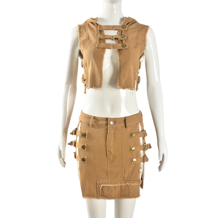Sleeveless Hooded Vest Tassel Wash Hip Skirt Set Women-Khaki-Fancey Boutique
