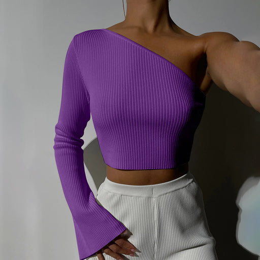 Color-Purple-Autumn Winter Sexy Slim Fit Backless Y2g Sexy Top One Shoulder Long Sleeve Short Top-Fancey Boutique