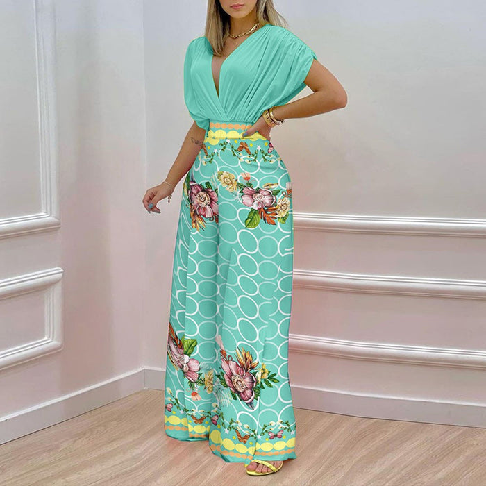 Color-Green-Women Clothing Summer Elegant V neck Printed Wide Leg Pants Casual Set-Fancey Boutique