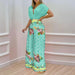 Color-Green-Women Clothing Summer Elegant V neck Printed Wide Leg Pants Casual Set-Fancey Boutique