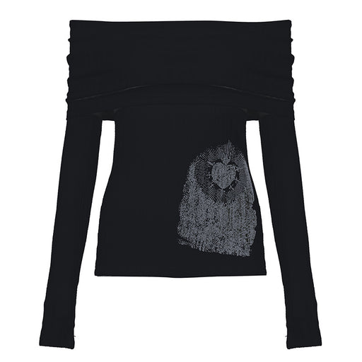 Millennium Abstract Printing Flip Off Neck Niche Short Top Sexy Sexy Off Shoulder Slim Fit All Match Long Sleeve-Black-Fancey Boutique