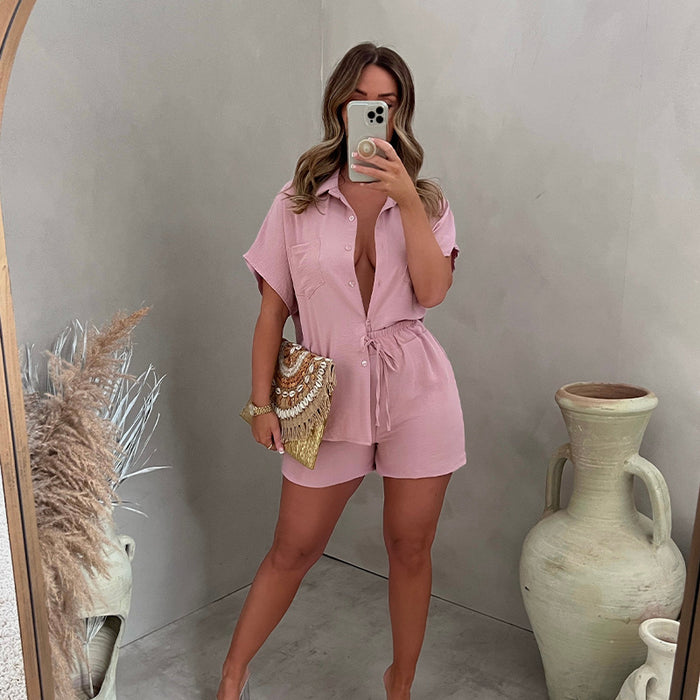 Color-Pink-Latin Casual Suit Solid Color Classic Single Breasted Sleeve Shirt Elastic Waist Shorts Two Piece Set-Fancey Boutique