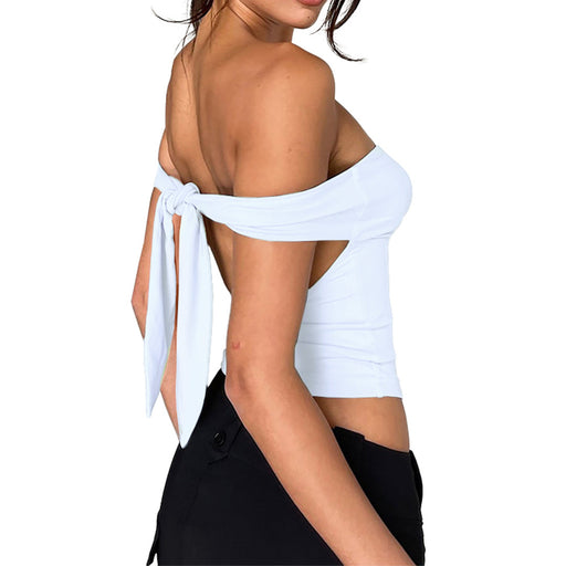 Women Clothing Sexy Solid Color Lace up Non-Slip Tube Top Backless Top-White-Fancey Boutique