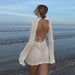 Crocheted Hollow Out Cutout out Long Sleeved Dress Lace up Seaside See through Tight Lace Backless Sexy Short Dress-White-Fancey Boutique