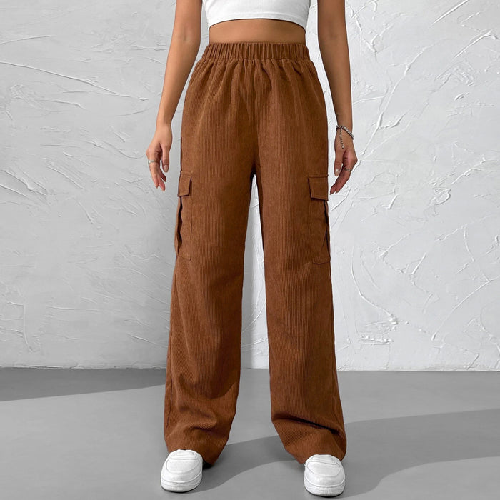 Autumn Winter Women Clothing Loose Elastic Waist Overalls Corduroy Wide Leg Straight Casual Trousers-Brown-Fancey Boutique