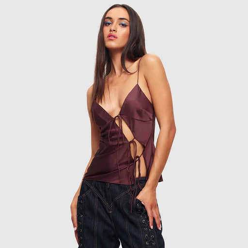 Color-Brown-Women Clothing Summer Solid Color Low Cut Sling Rope Sexy Waist Hollow Out Cutout Tops-Fancey Boutique