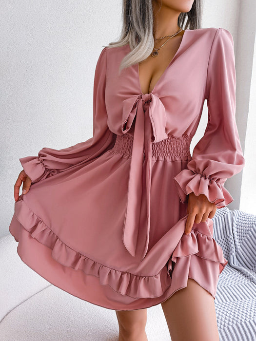 Spring Summer Casual Lace up Waist Tight Wooden Ear Swing Dress Women Clothing-Fancey Boutique