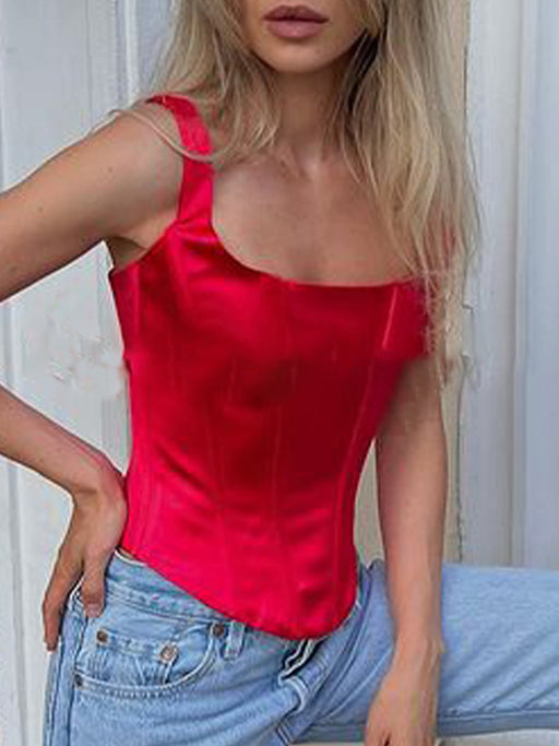 Color-Red-Women Clothing Solid Color Sexy Boning Corset Sling Square Collar Strap Backless Bra Vest Top-Fancey Boutique