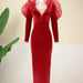 Color-Red-Model V neck Low Cut Sexy Dress Mesh Stitching High Waist Slimming Christmas Dresses-Fancey Boutique