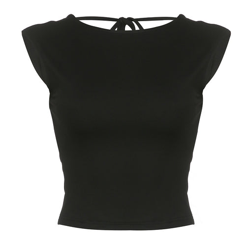 Bare Back Sexy Women Wear Sleeveless Slim Fit Round Neck Tied Basic Vest Top-Black-Fancey Boutique