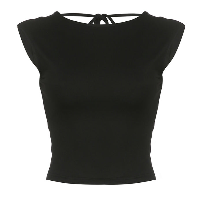 Bare Back Sexy Women Wear Sleeveless Slim Fit Round Neck Tied Basic Vest Top-Black-Fancey Boutique