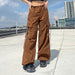 Color-Brown-Overalls Women Drawstring Waist Multi Pocket Loose Tappered Straight Sexy Trousers-Fancey Boutique