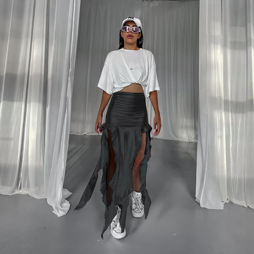 Color-Black-Ribbon Tassel Reflective Faux Leather Fishtail Skirt Micro Elastic Metallic Coated Fabric Asymmetric Skirt-Fancey Boutique