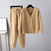 Color-camel-Women Clothing Autumn Winter Knitting Two Piece Twist Cardigan Solid Color Suit Sweater Women-Fancey Boutique