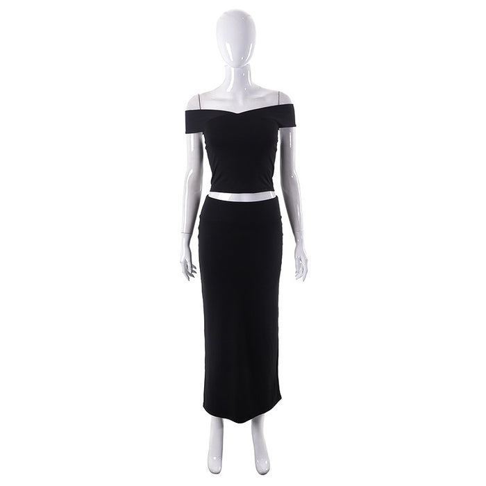 Color-Black-Women Clothing Spring Solid Color off Shoulder Sleeveless Top Package Hip Skirt Set-Fancey Boutique