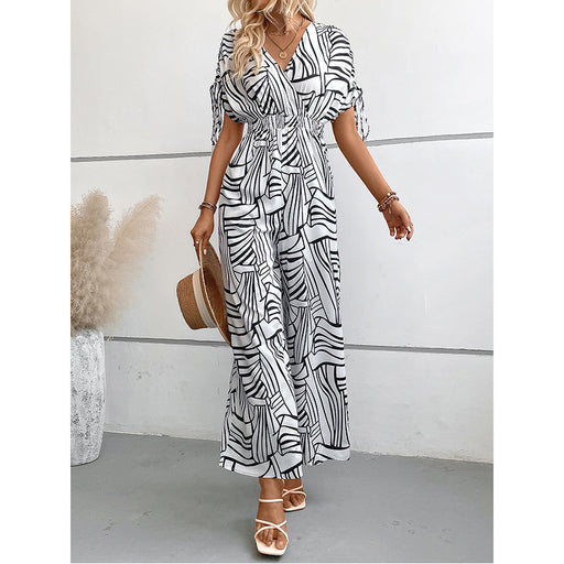 Women Sexy V neck Printed Batwing Sleeve Women Fitted Waist Jumpsuit Women Clothing-Fancey Boutique