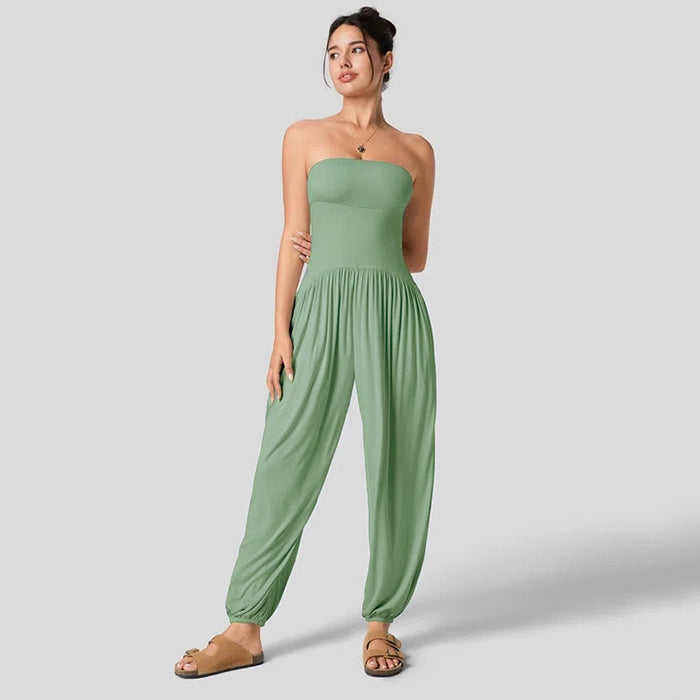 Women Clothing Summer Solid Color Casual Tube Top Cinched Waist Lantern Loose Tappered Women Jumpsuit-Fancey Boutique