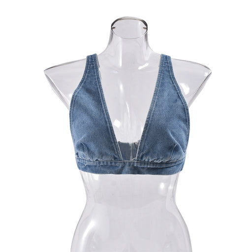 Women Clothing Summer Denim Washing Water Sexy Vest Bra Back Buckle Top-Blue-Fancey Boutique