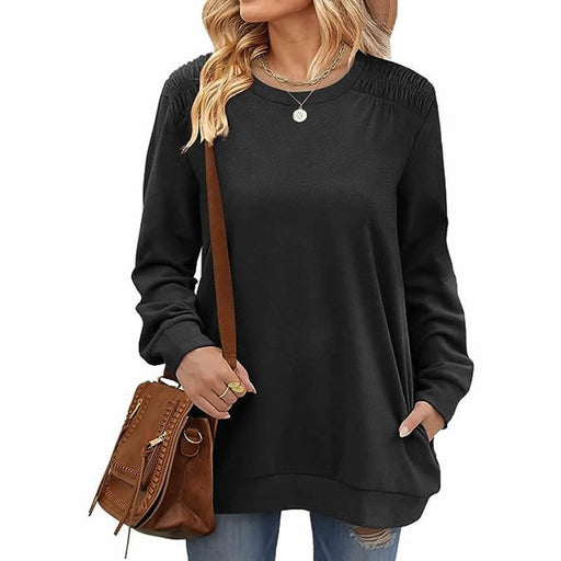 Color-Black-Autumn Winter Solid Color round Neck Loose Casual Long Sleeve T shirt Top for Women-Fancey Boutique