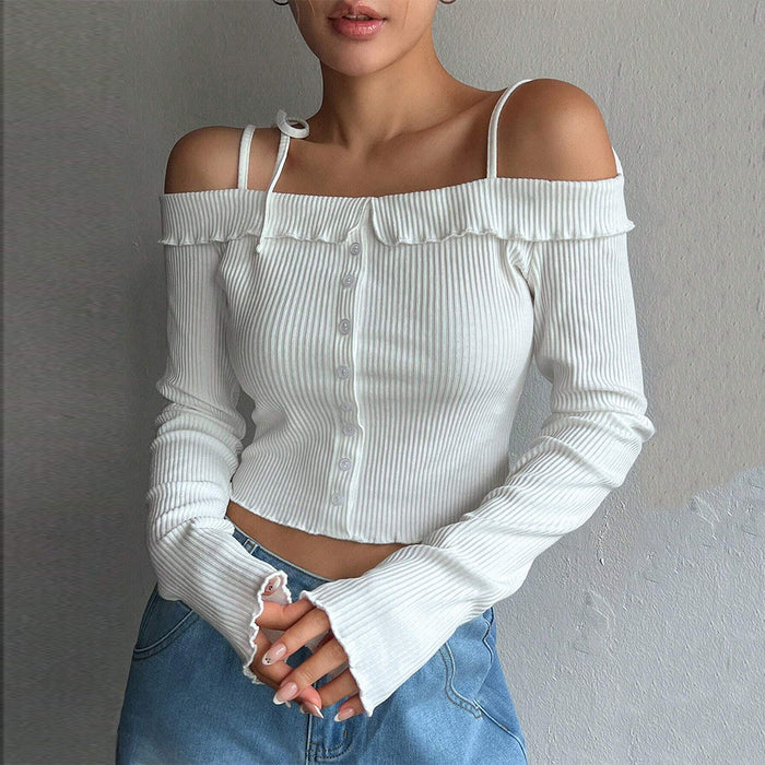 Women Clothing Simple Sweet T Shirt Autumn Winter Boat Collar Strap Short Long Sleeve Top-Fancey Boutique