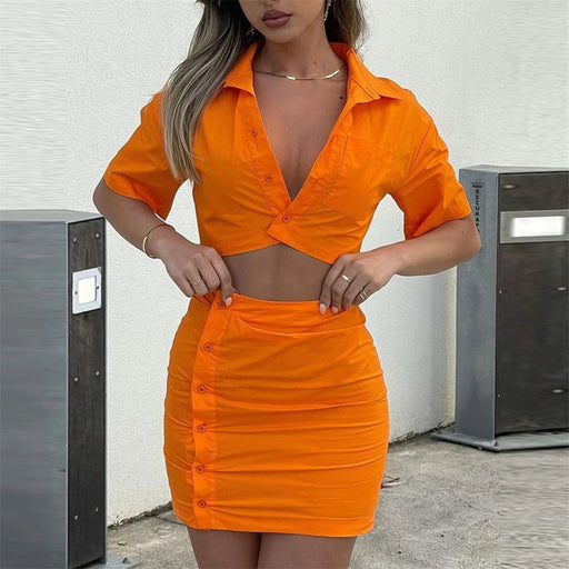Color-Orange-Spring Summer Two Piece Set Sexy Collared High Waist Short Sleeve Shirt Outfit-Fancey Boutique