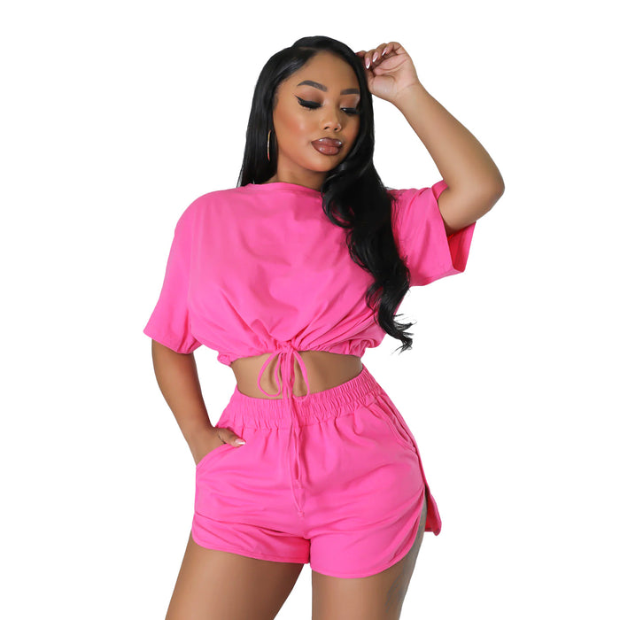 Color-Pink-Autumn Winter Women Clothing Casual Short Lace Up Shorts Solid Color Two Piece Suit-Fancey Boutique