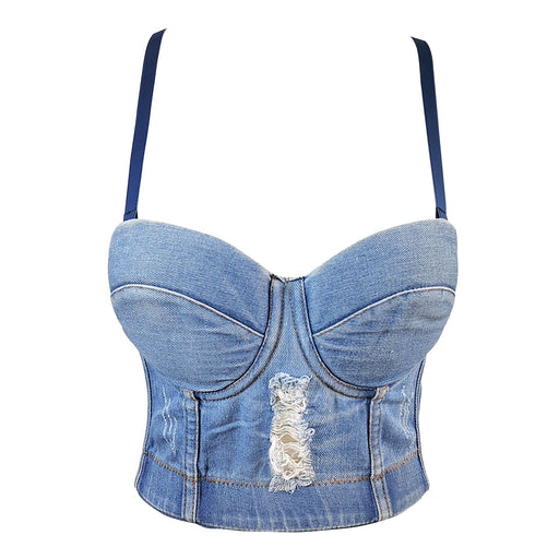 Ripped Denim Camisole Outer Wear Short Sexy Cropped Boning Corset Tube Top Underwear Free DJ Sexy Top-Fancey Boutique