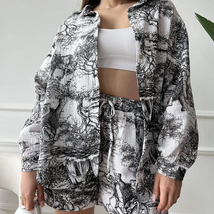 Summer Printed Cotton Pajamas Cardigan Long Sleeve Shorts Two Piece Set for Outerwear Homewear Women-Fancey Boutique