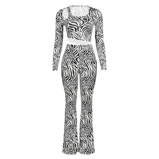 Color-Black White-Autumn Zebra Print Long Sleeves Cropped Top Slim Trousers Suit-Fancey Boutique