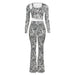 Color-Black White-Autumn Zebra Print Long Sleeves Cropped Top Slim Trousers Suit-Fancey Boutique