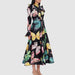 Elegant Retro Summer Stand Collar Long Sleeve Micro Pull Design Print Lace up Butterfly Print Dress-Fancey Boutique