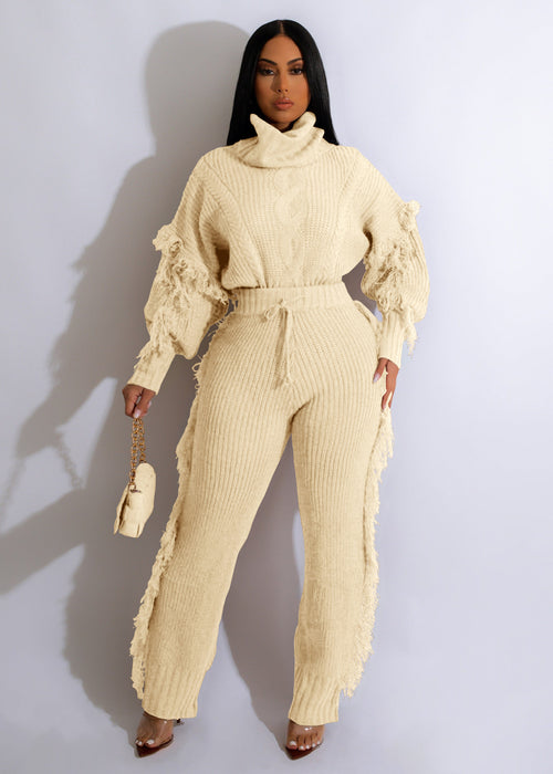 Color-Apricot Color-5-Women Clothing Casual Solid Color Knitted Long Sleeve Turtleneck Tassel Suit-Fancey Boutique