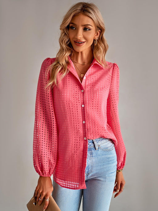 Color-Coral Red-Autumn Winter Casual Women Clothing Single Breasted Collared Plaid Shirt Women-Fancey Boutique