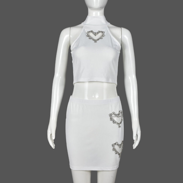 Color-White-Heart Shape Rhinestone Hollow Out Cutout Cropped Sexy Vest Short Skirt Set Women-Fancey Boutique