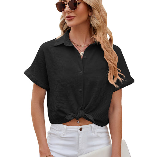 Color-Black-Spring Summer Solid Color Polo Collar Short Sleeved Shirt Button Loose Chiffon Shirt-Fancey Boutique