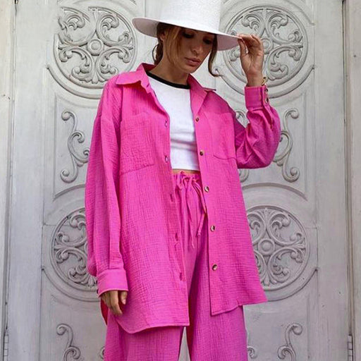 Fashion Loose-Fitting Long Sleeves Shirt Wide Leg Pants Two-Piece Set Commuting Elegant Pink Suit-Fancey Boutique