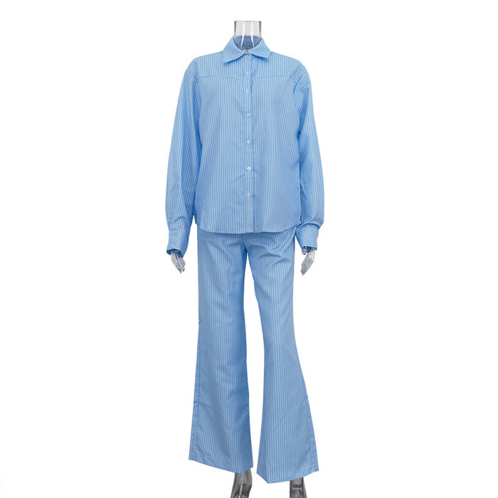 Autumn Blue Color Striped Casual Suit Collared Shirt High Waist Trousers Two Piece Set-Blue-Fancey Boutique