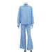 Autumn Blue Color Striped Casual Suit Collared Shirt High Waist Trousers Two Piece Set-Blue-Fancey Boutique