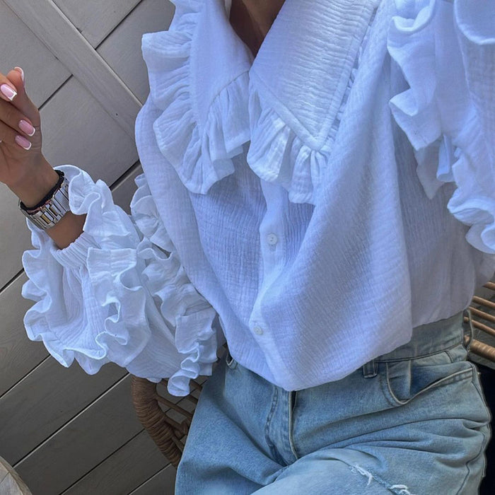 Women Clothing Early Spring Court Lantern Sleeve Women Shirt Casual Doll Collar Cotton White Shirt-Fancey Boutique