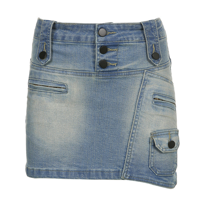 Color-Blue-Street Asymmetric Pocket Design Low Waist Denim Skirt Washed Gradient Color Tooling Hip Skirt-Fancey Boutique