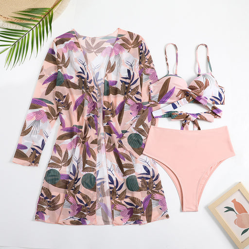 Color-Pink-Bikini Three Piece Suit Mesh Floral Print Beach Swimsuit Split Swimsuit Women Beach Cover Up Crisscross-Fancey Boutique