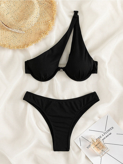 Color-Black-One Shoulder Small Sunken Stripe Steel Bracket Printed Sexy Bikini Swimsuit Bikini-Fancey Boutique